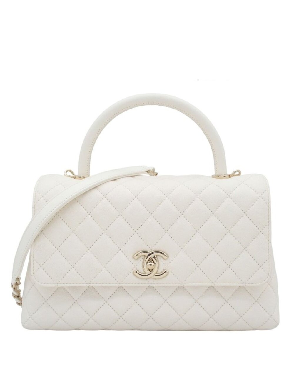 Chanel Coco Handle 29 Large White Gold Caviar Leather Quilted 2-Way Shoulder Bag
